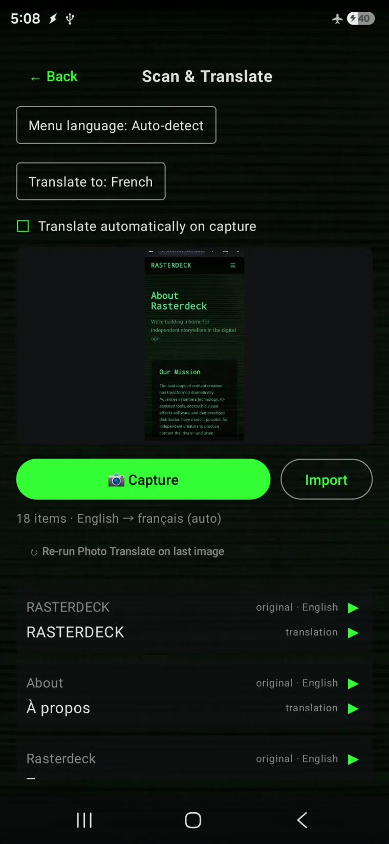 Rasterdeck Translator translating a photo on-device, fully offline.