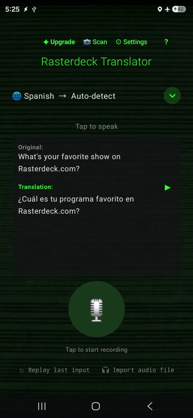 Rasterdeck Translator traduciendo el habla a otro idioma, totalmente sin conexión, con el modo avión activado.
