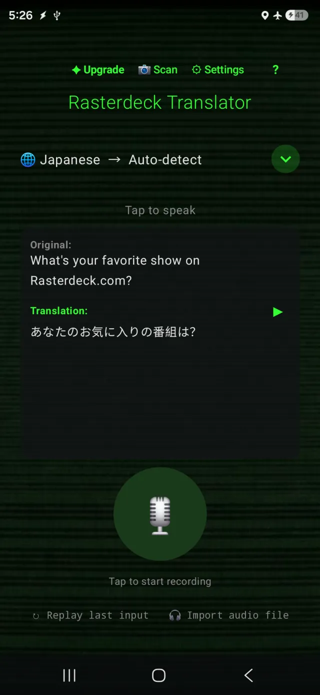 Rasterdeck Translator が音声を別の言語に翻訳する様子。完全オフライン、機内モードはオン。