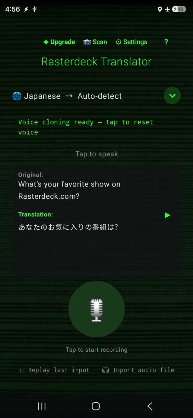 Rasterdeck Translator translating speech into another language, fully offline — airplane mode on.