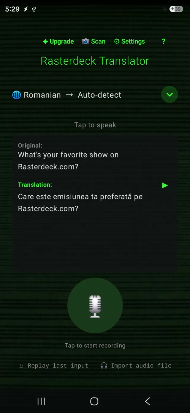 Rasterdeck Translator traduce vorbirea într-o altă limbă, complet offline — cu modul avion activat.