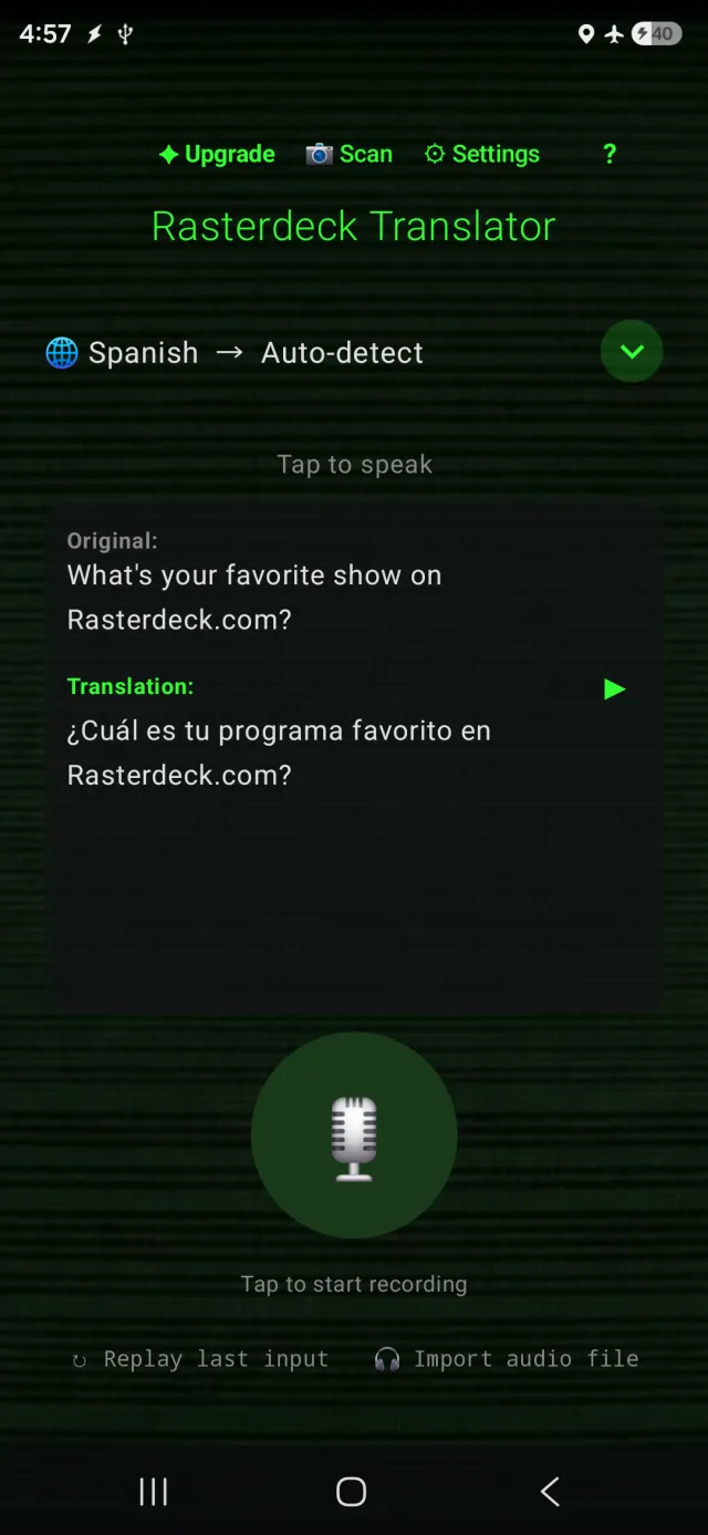 Rasterdeck Translator translating speech into another language, fully offline — airplane mode on.