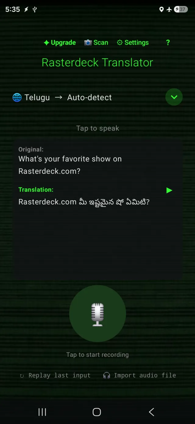 Rasterdeck Translator మాటను మరో భాషలోకి అనువదిస్తోంది, పూర్తిగా ఆఫ్లైన్లో – ఎయిర్ప్లేన్ మోడ్ ఆన్లో ఉంది.