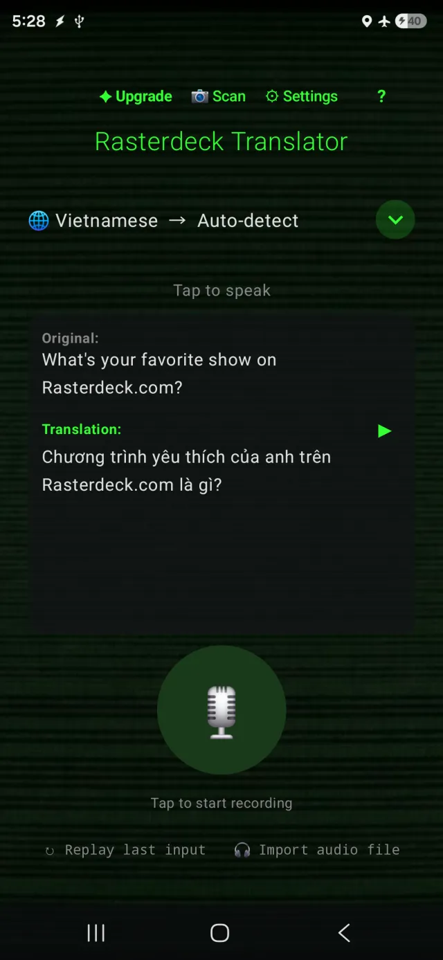 Rasterdeck Translator dịch lời nói sang ngôn ngữ khác, hoàn toàn ngoại tuyến — đang bật chế độ máy bay.